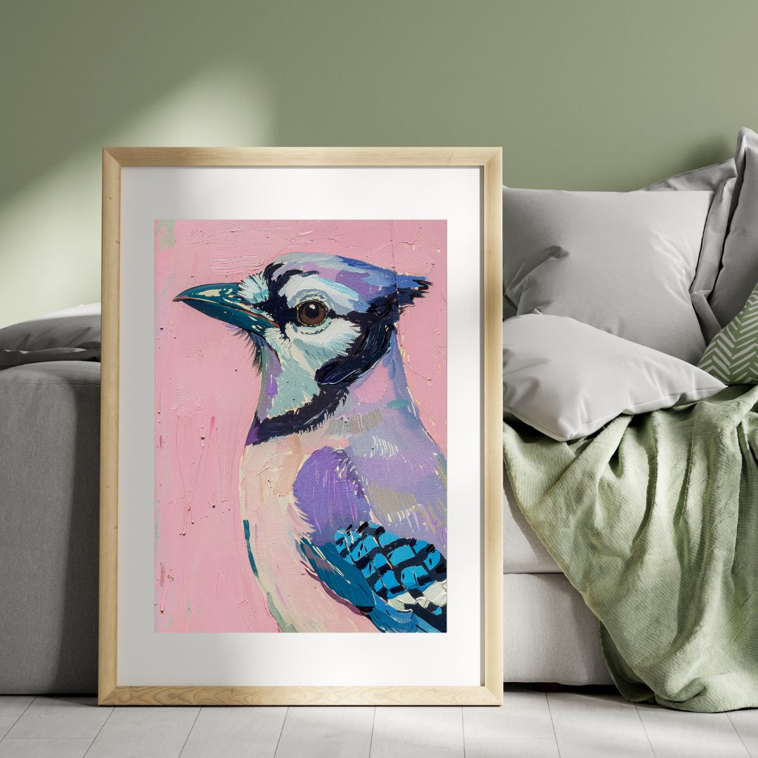 Blue Jay on Pink – Modern Framed Wall Art